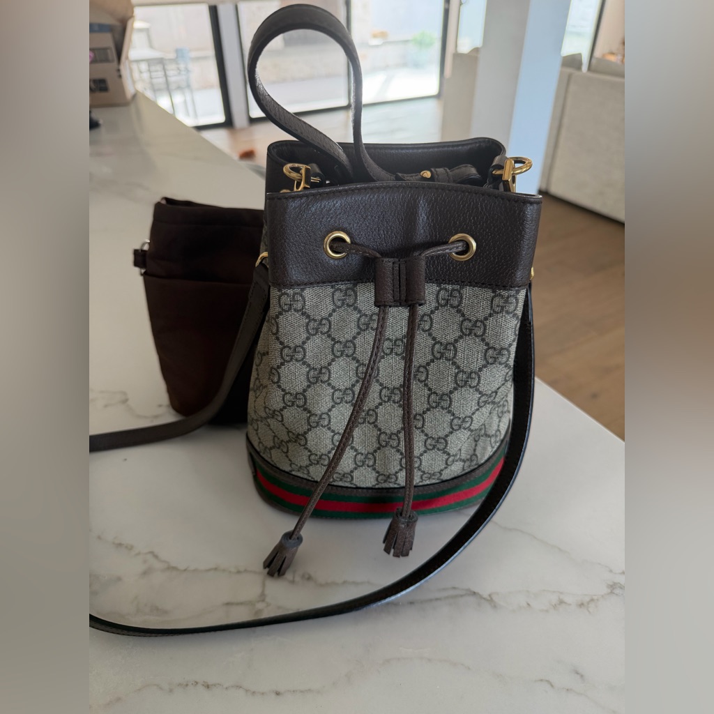 Gucci Brown Gg Supreme Small Bucket Bag With Green Red Stripe W Organizer Coa